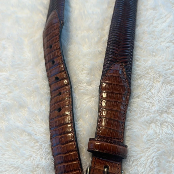 Vintage Brown Belt Sz 34 Fishtail Braided Fullgrain Leather Reptile Brass Buckle - Picture 11 of 16